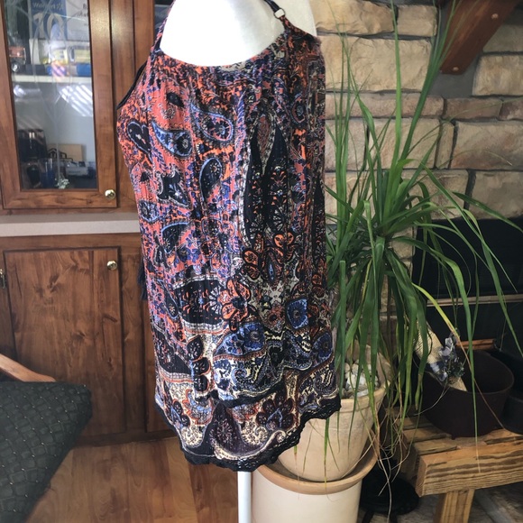 ANGIE SIZE LARGE MULTICOLORED COLD SHOULDER BOHO STYLE BLOUSE PAISLEY PATTERN - Picture 2 of 4